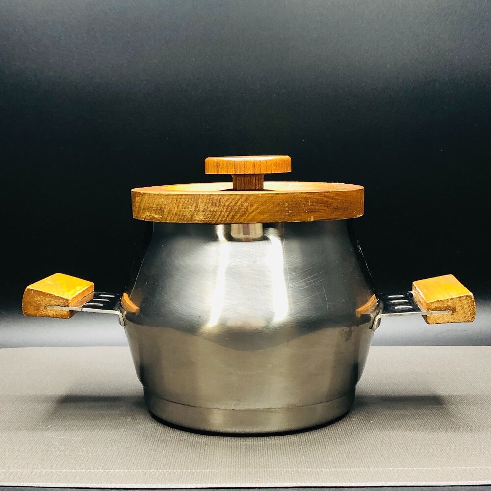 Midcentury Imperial International Japan Stainless Steel Wooden Lid Fondue Pot